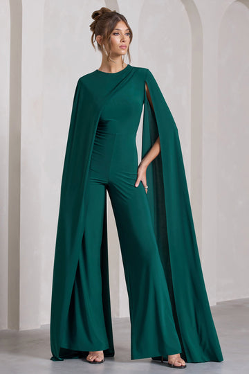 Harley Bottle Green Straight-Leg Jumpsuit With Cape Sleeves